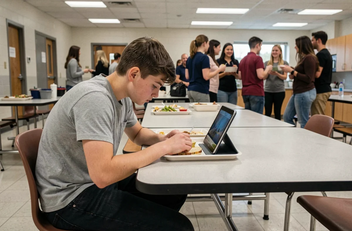 Adolescent seul à la cantine scolaire fixant une tablette pendant que ses camarades socialisent en arrière-plan