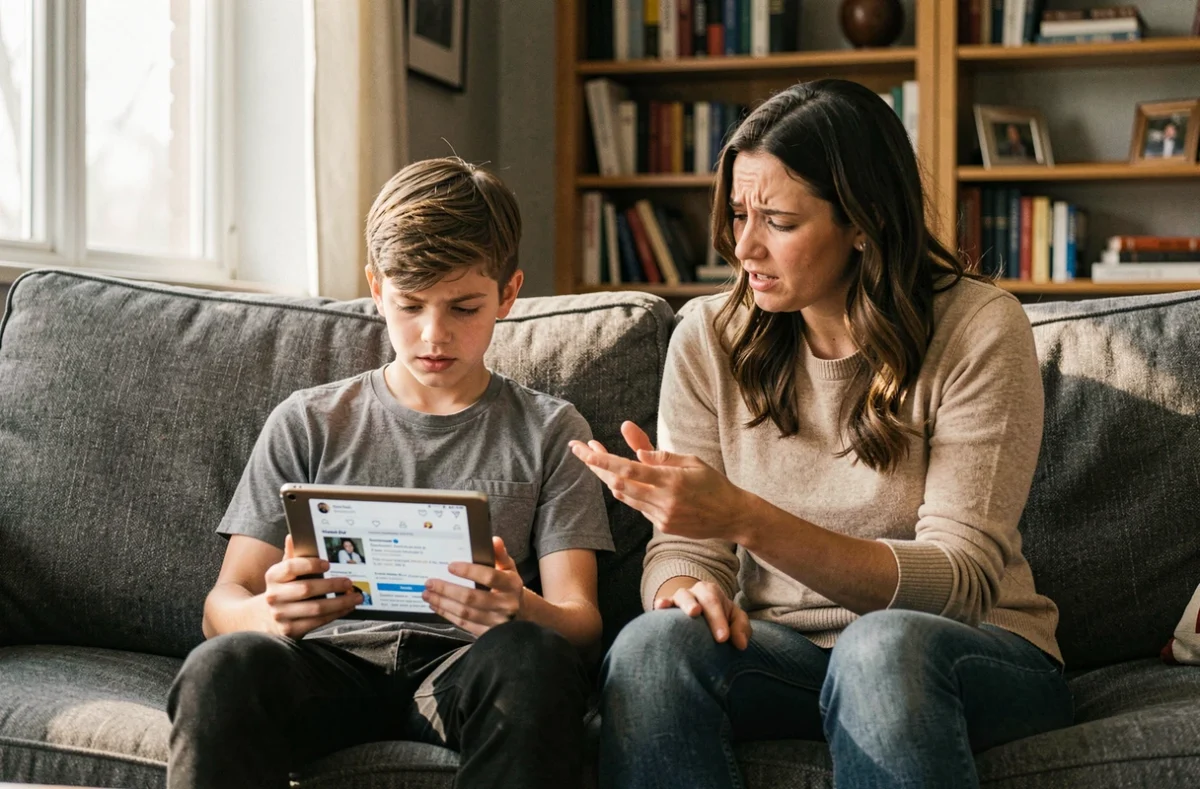 Adolescent absorbé par les réseaux sociaux sur tablette ignorant sa mère dans le salon, illustrant la fracture relationnelle intergénérationnelle