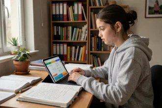 Adolescente utilisant une application éducative sur tablette pour faire ses devoirs à son bureau