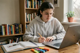 Adolescente faisant ses devoirs sur un ordinateur portable dans sa chambre avec des manuels scolaires ouverts