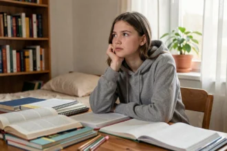 Adolescente distraite assise à son bureau avec des devoirs ouverts, l'air peu motivée pour travailler