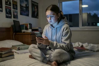 Adolescente isolée dans sa chambre absorbée par les réseaux sociaux sur son smartphone le soir