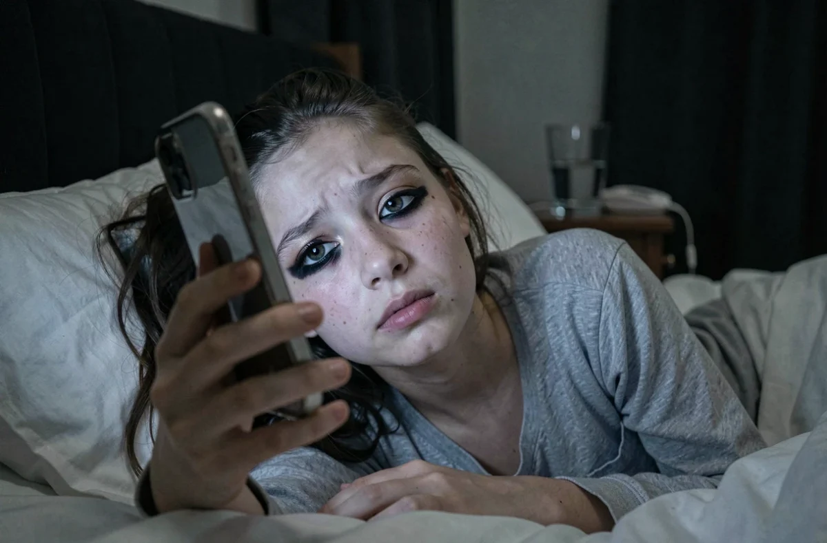 Adolescente souffrant de troubles du sommeil causés par l'utilisation excessive du téléphone portable la nuit