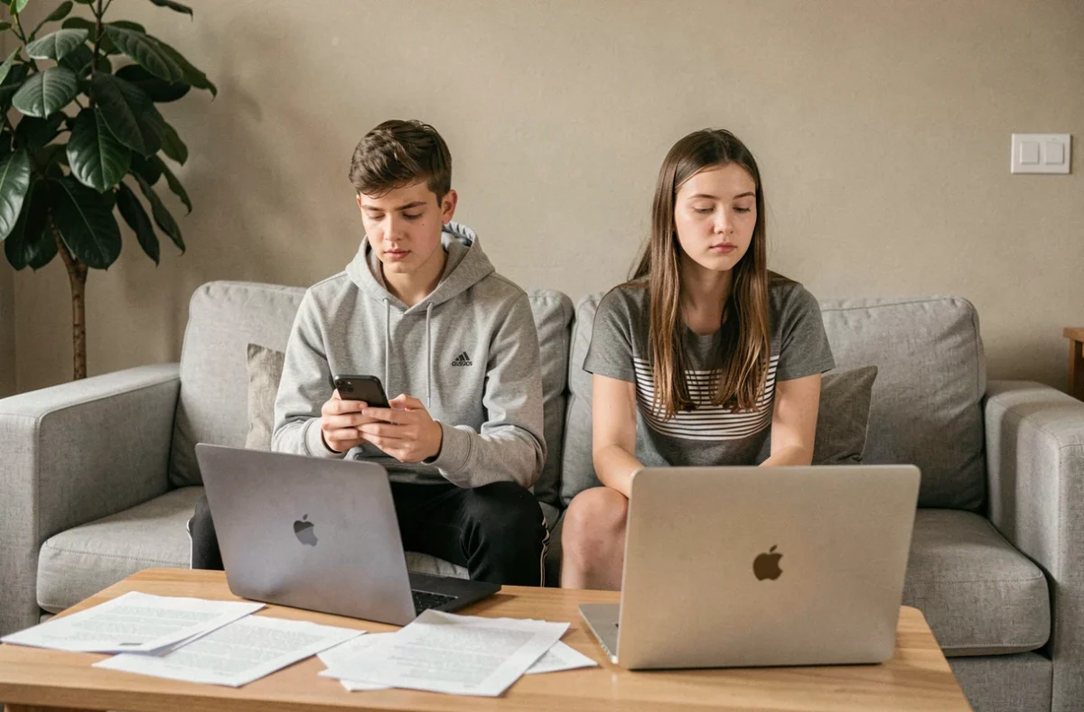 Deux adolescents côte à côte sur un canapé du salon, distraits par leur téléphone et leur ordinateur au lieu de faire leurs devoirs