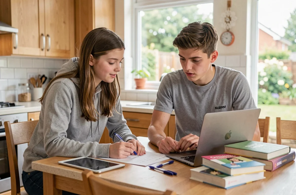 Deux adolescents faisant leurs devoirs ensemble avec tablette et cahiers dans une cuisine moderne