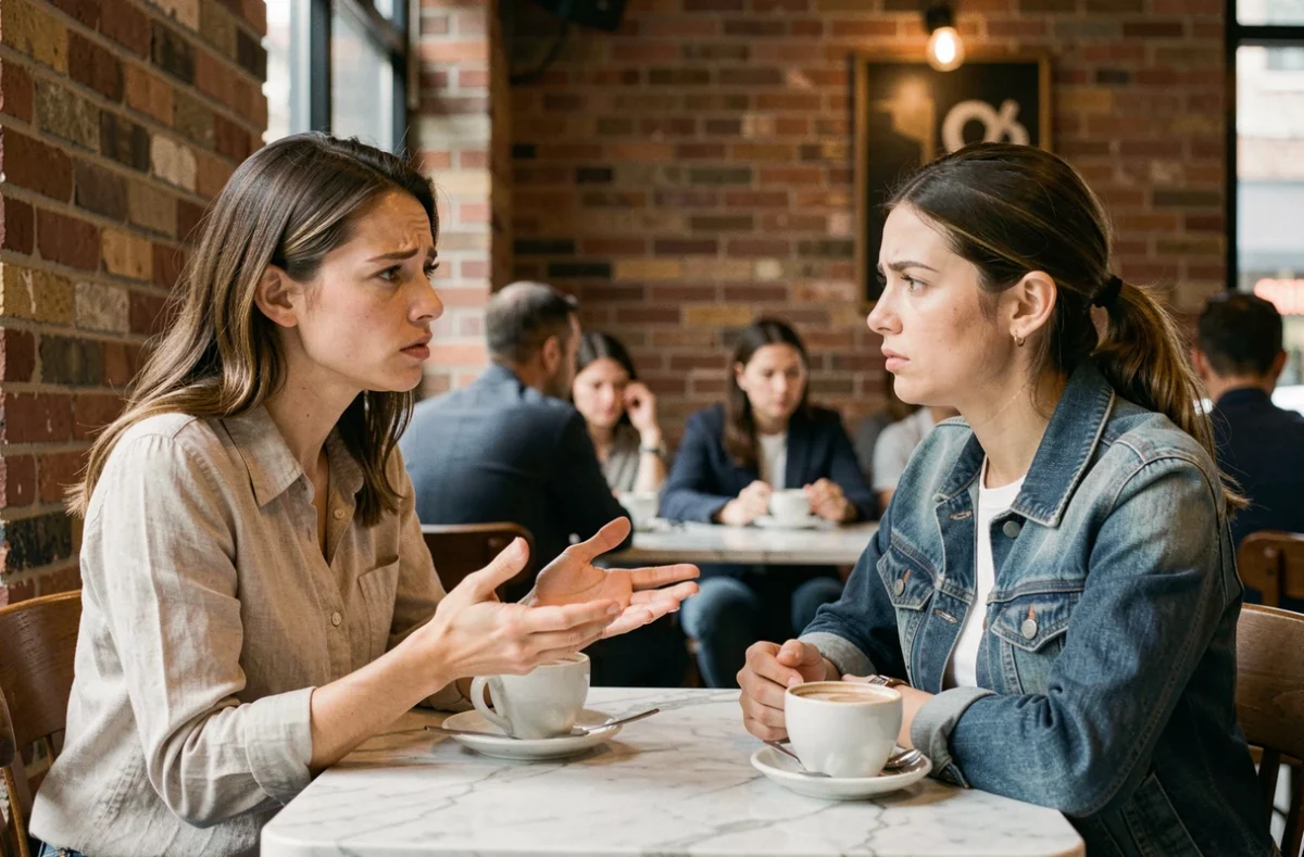 Deux amies dans un café, l'une s'excusant de ne pas pouvoir assister à l'enterrement de vie de jeune fille