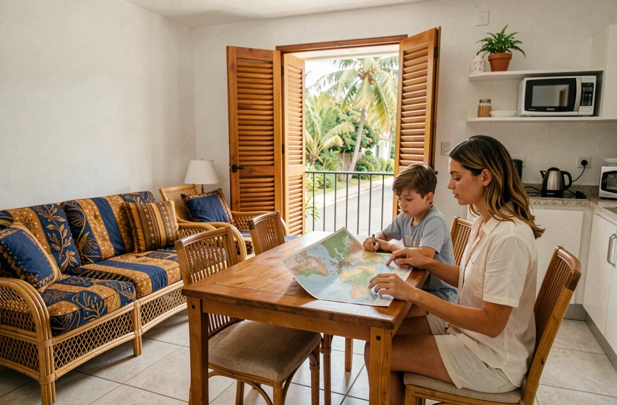 Mère et fils dans un appartement de vacances en famille à Saint-Gilles-les-Bains à La Réunion