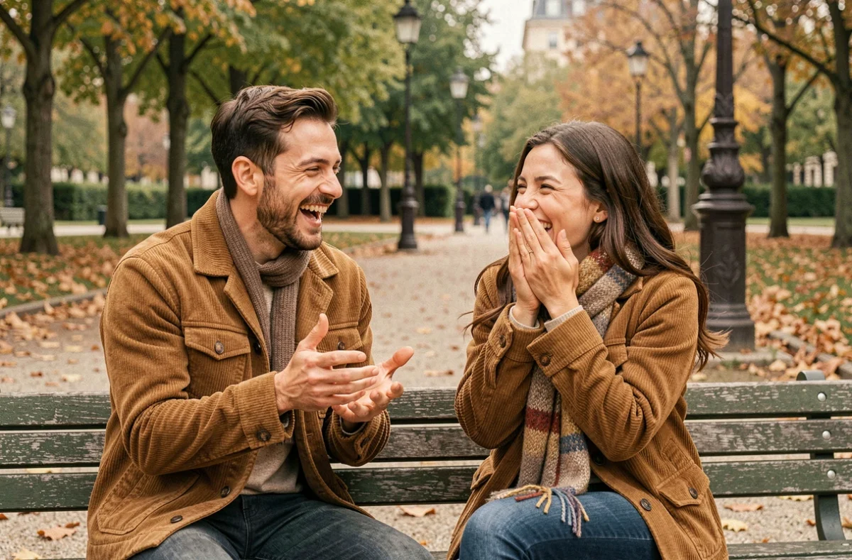 Deux amis riant ensemble sur un banc de parc en automne, échangeant des termes d'affection familiers en argot français