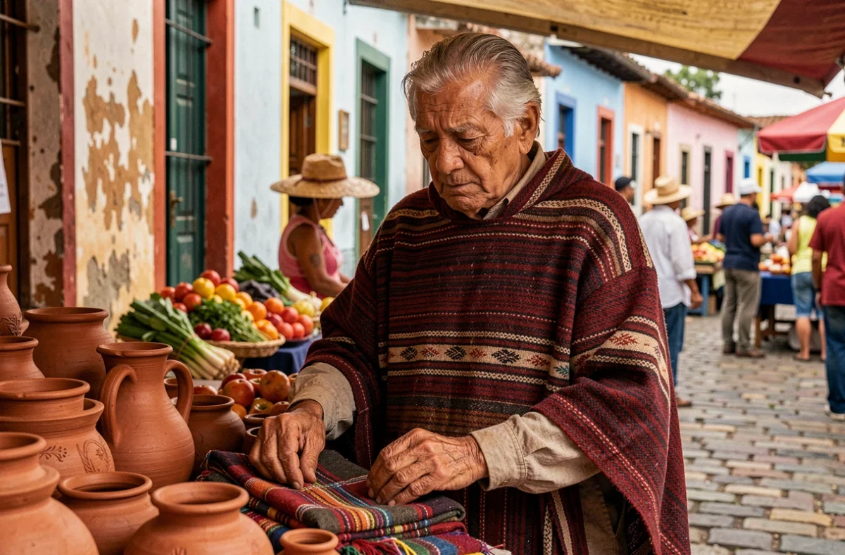 Homme âgé en poncho traditionnel arrangeant de la poterie artisanale sur un marché latino-américain, illustration de la transmission culturelle et de ses effets sur les comportements quotidiens