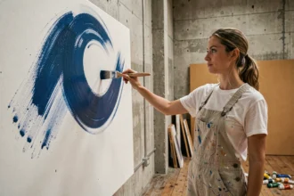 Artiste peintre en mouvement devant une toile abstraite avec effet de flou cinétique sur le pinceau