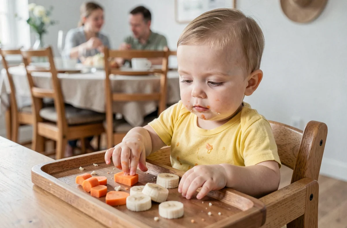 Bébé de 9 mois explorant des morceaux de fruits et légumes en autonomie sur le plateau de sa chaise haute