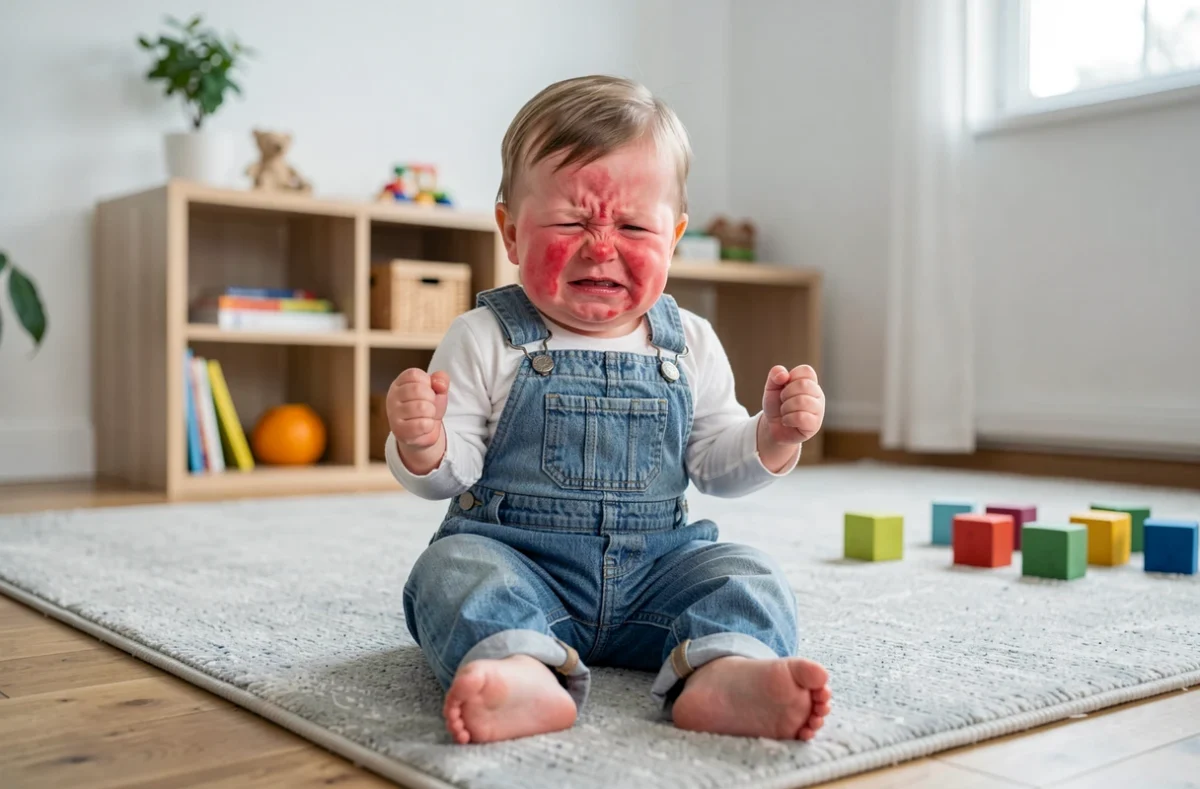 Bébé de 8 mois assis par terre en pleine crise de colère dans un salon de style scandinave