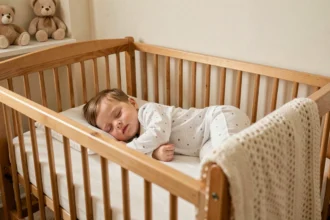 Bébé de 18 mois dormant sans oreiller ni couette dans un lit à barreaux en bois, dans une chambre douce et épurée