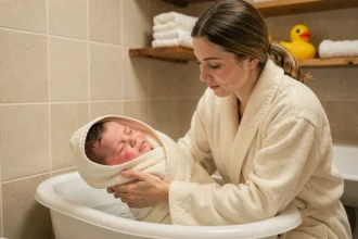 Maman sortant son bébé fatigué du bain enveloppé dans une serviette à capuche