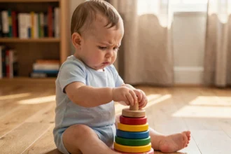 Bébé de 8 mois concentré en train d'explorer un jouet en bois, signe possible d'une intelligence précoce