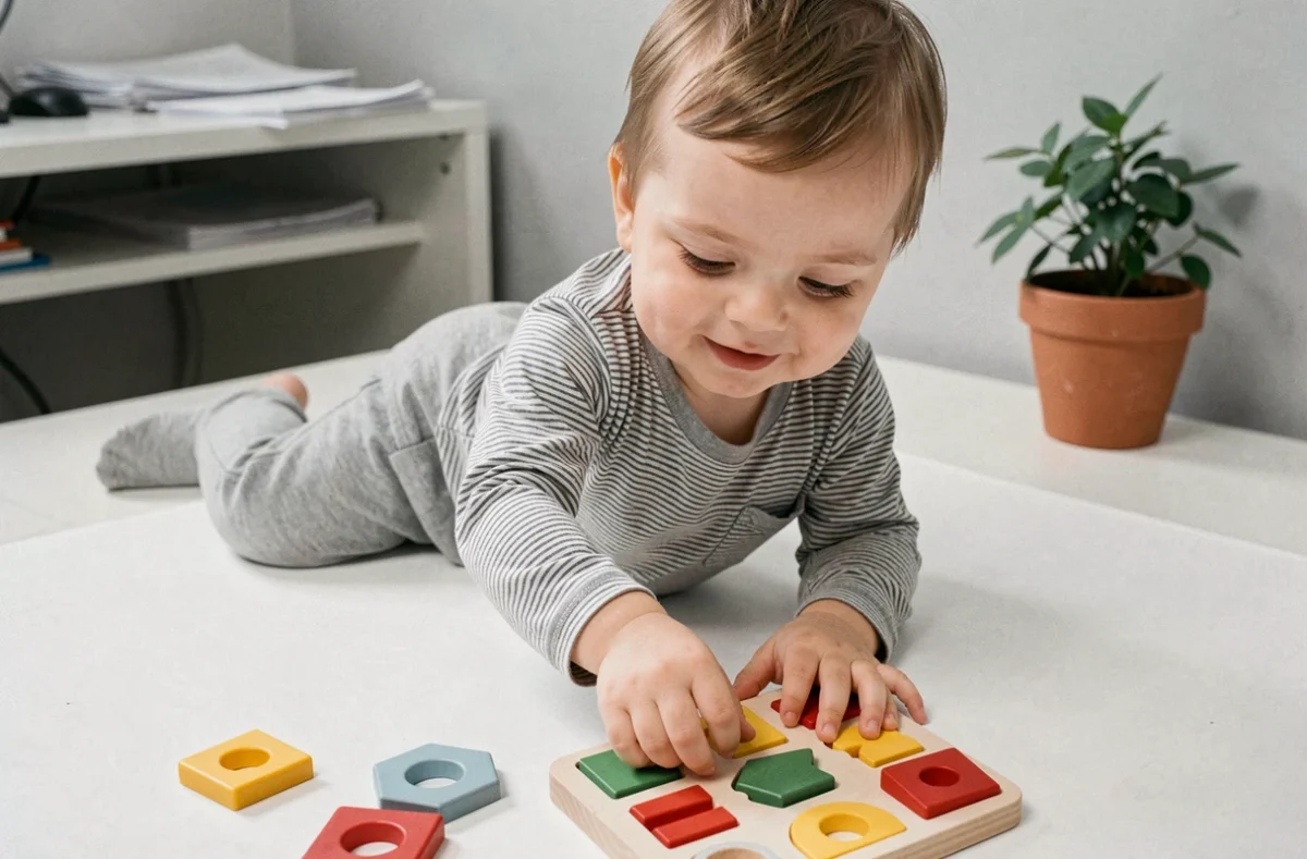 Vue du dessus d'un bébé concentré résolvant un jouet de tri de formes, indicateur de QI élevé chez les nourrissons