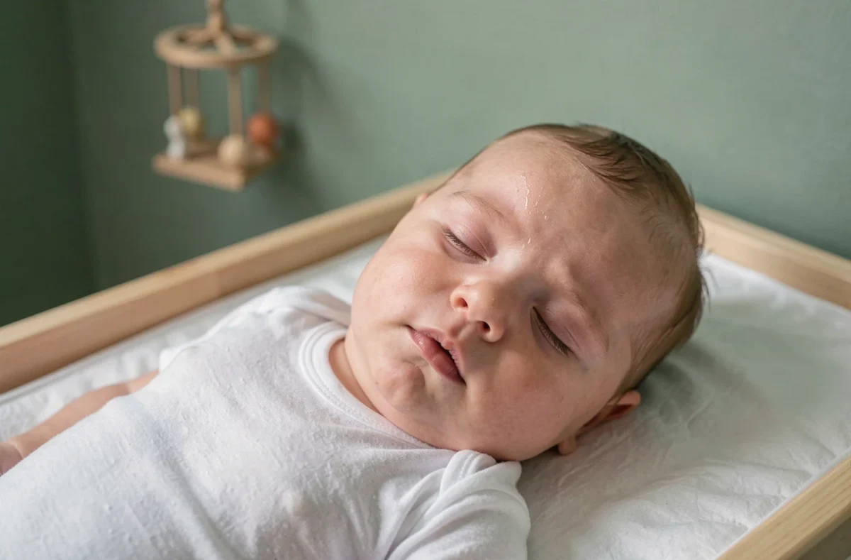 Bébé somnolent après le bain allongé sur la table à langer dans une chambre de bébé