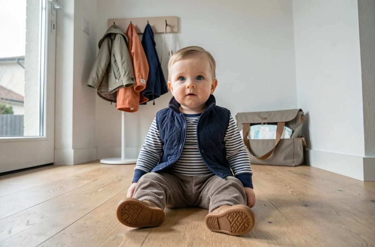 Bébé garçon habillé en tenue chaude superposée avec gilet matelassé et chaussures, prêt à partir à la crèche