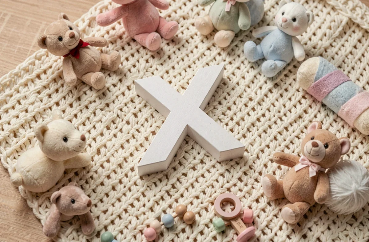 Bloc de lettres en bois formant un prénom futuriste sur une couverture de bébé, symbolisant le prénom unique du bébé d'Elon Musk