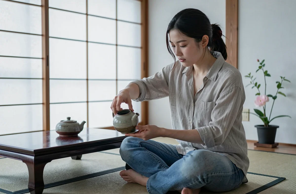 Jeune femme pratiquant la cérémonie du thé japonaise dans une pièce traditionnelle, symbole de l'influence culturelle sur les comportements rituels