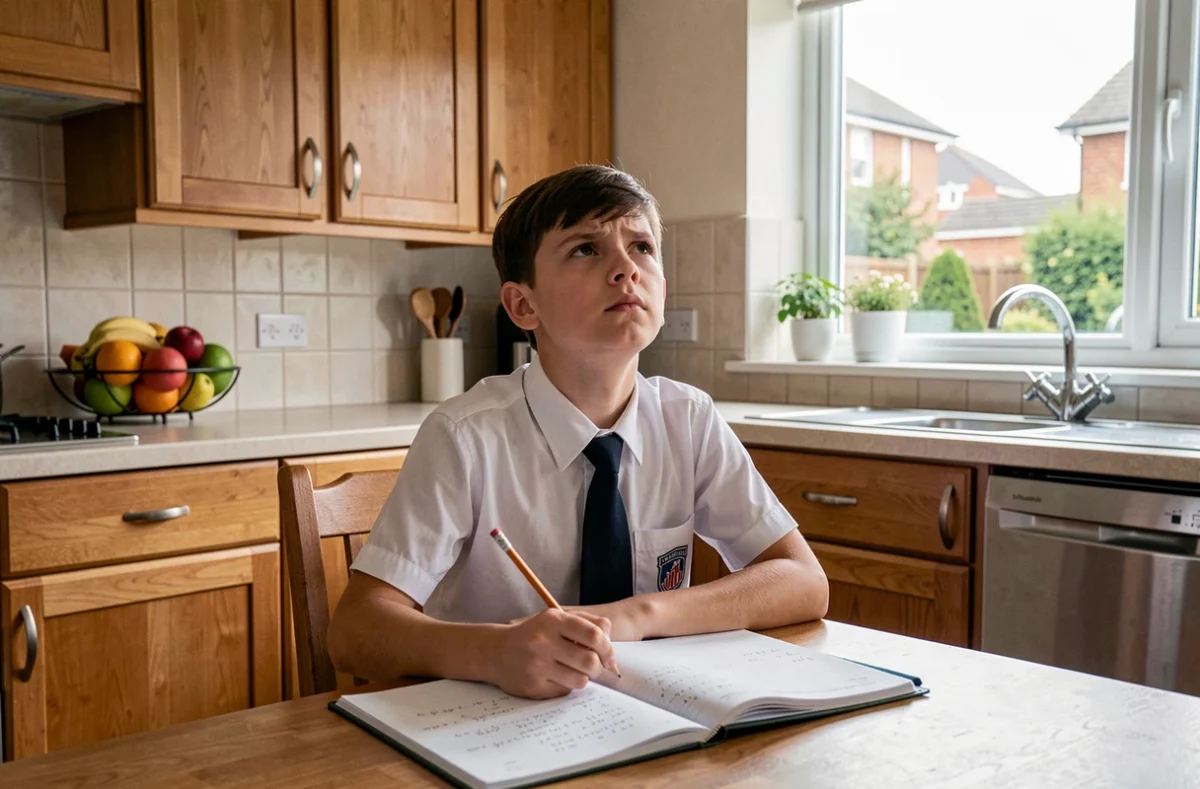 Collégien en uniforme fixant le plafond avec une expression frustrée devant ses cahiers de mathématiques dans une cuisine familiale