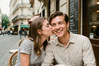 Couple de jeunes adultes français s'échangeant des mots tendres et affectueux à la terrasse d'un café parisien