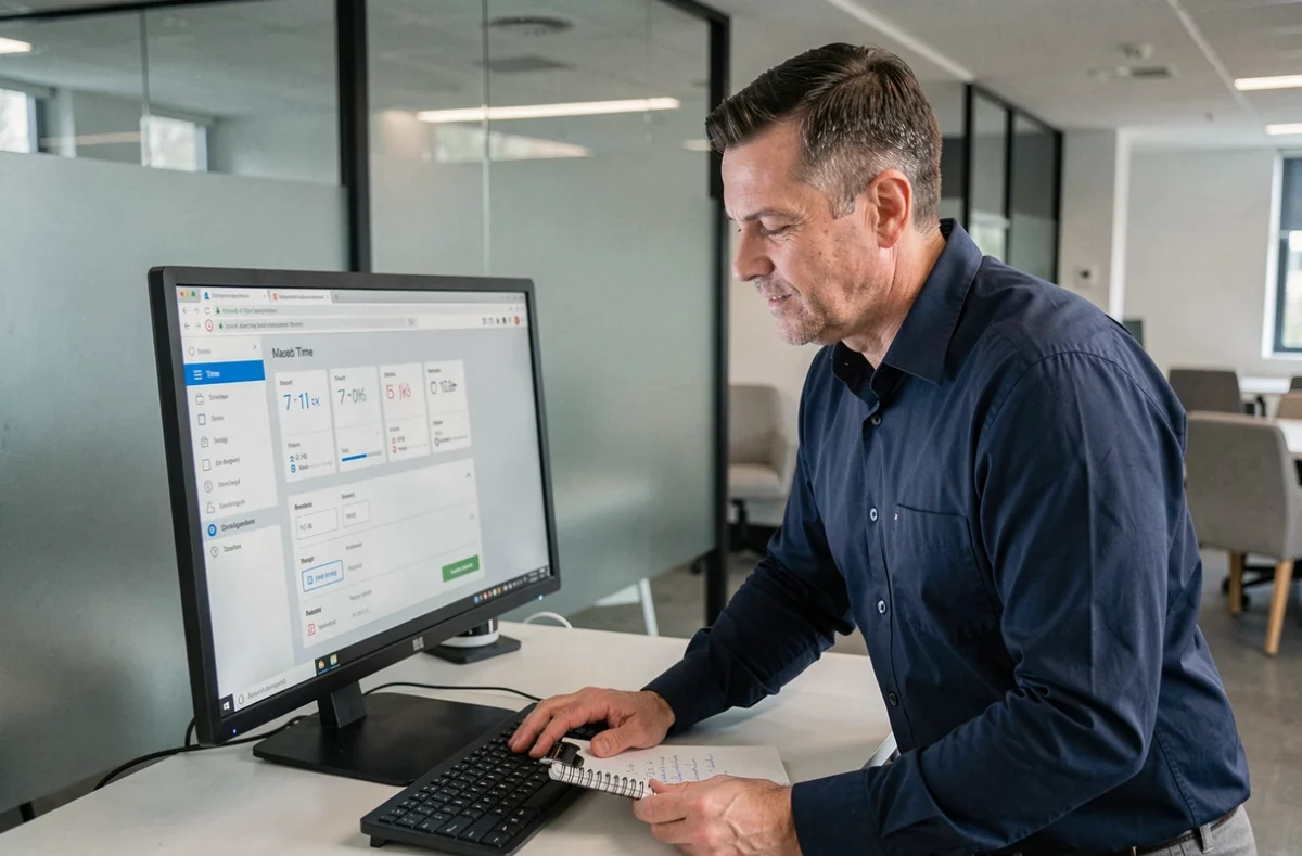 Homme professionnel paramétrant une limite de temps sur un ordinateur de bureau en open space