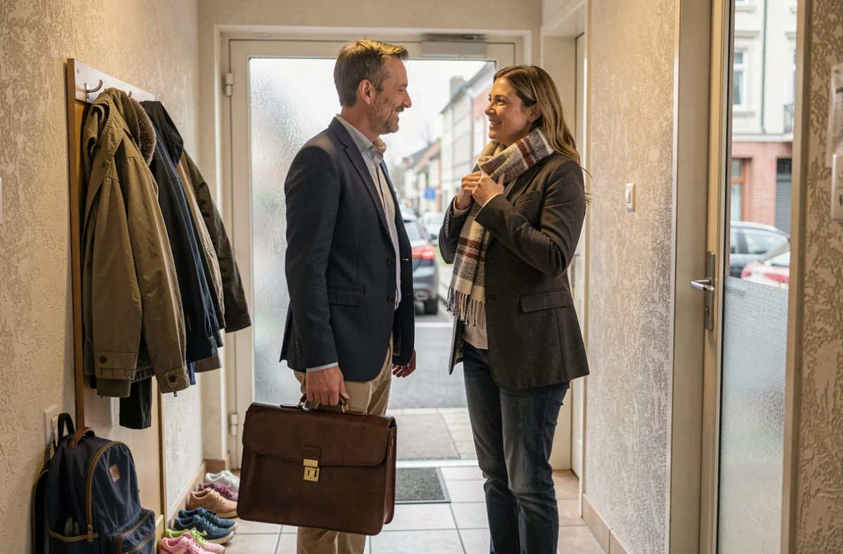 Couple de professionnels se disant au revoir dans le couloir de leur appartement avant d'aller travailler, symbolisant la conciliation entre carrière et vie de famille au quotidien