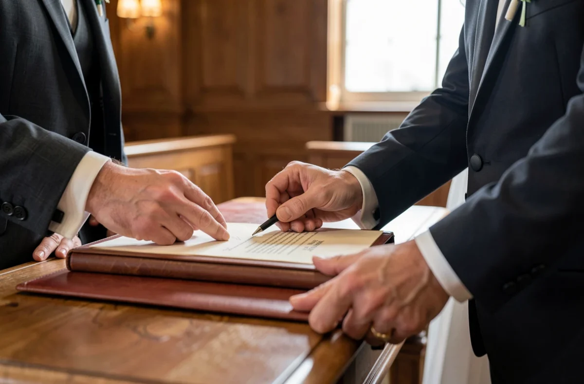 Couple signant le registre de mariage devant un officier d'état civil