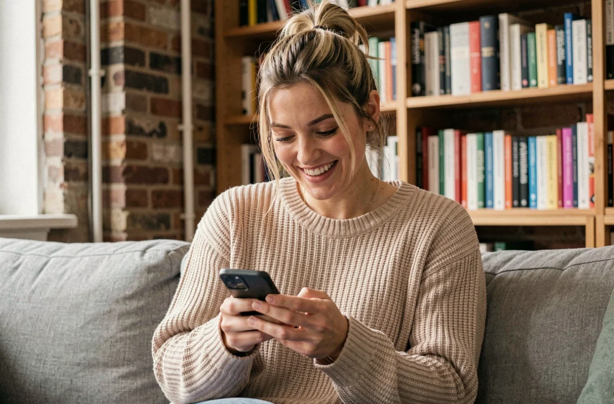 Jeune femme souriante envoyant un message affectueux en argot sur son smartphone dans un appartement parisien chaleureux