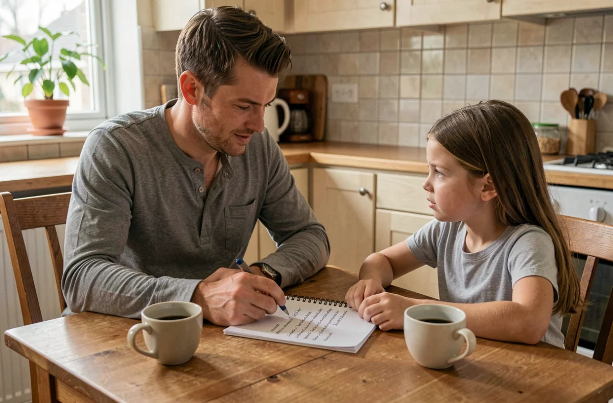 Père et fille discutant des règles et conséquences autour d'une table de cuisine, approche éducative positive pour la discipline