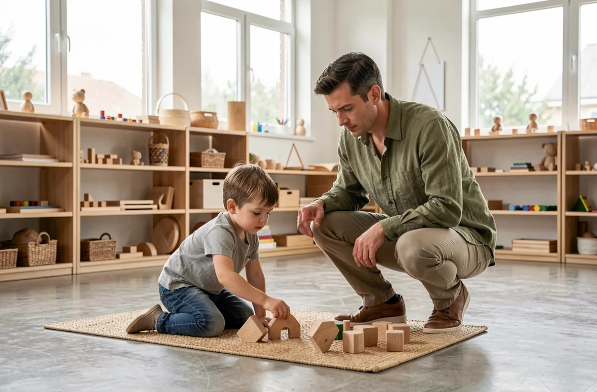 Éducateur Montessori observant discrètement un enfant explorer des formes géométriques en bois sur un tapis dans une salle de classe lumineuse