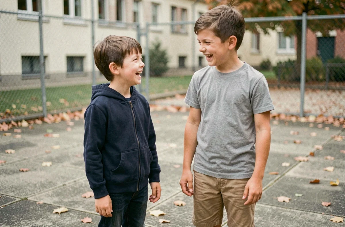 Deux garçons d'âge scolaire dans une cour de récréation, comparaison de taille autour de 125 cm