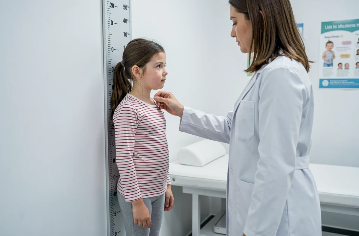 Fillette de 7 ans mesurée par un médecin sur une toise médicale lors d'une consultation pédiatrique