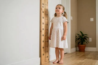 Fillette d'environ 6 à 8 ans mesurant 125 cm debout contre une toise en bois dans un couloir familial
