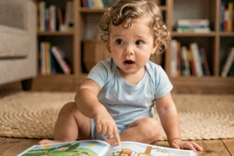 Tout-petit de 20 mois pointant du doigt un livre illustré en prononçant ses premiers mots