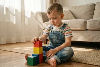 Enfant de 3 ans jouant silencieusement avec des cubes colorés sur un plancher en bois dans un salon cosy