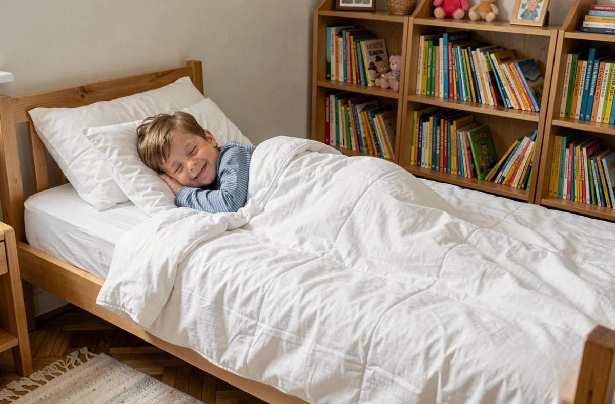 Enfant de 3 ans souriant sous une couette légère adaptée aux tout-petits dans un lit simple avec une chambre chaleureuse et des livres colorés