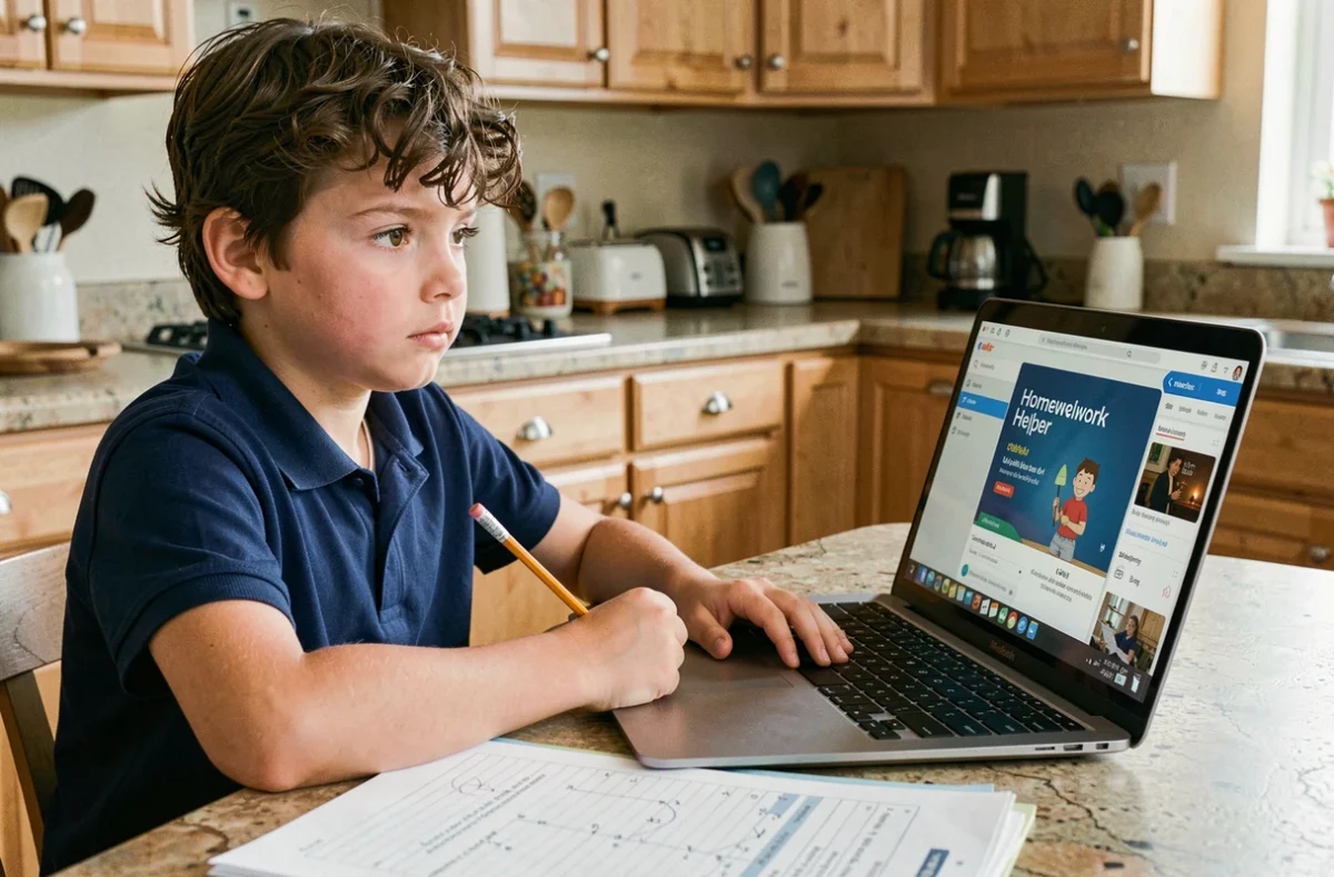 Jeune garçon travaillant sur ses devoirs avec une application éducative sur ordinateur portable dans une cuisine familiale