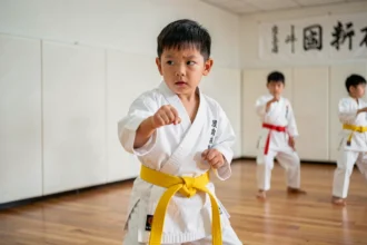 Jeune garçon en kimono blanc pratiquant le karaté dans un dojo, activité pour canaliser l'énergie des enfants