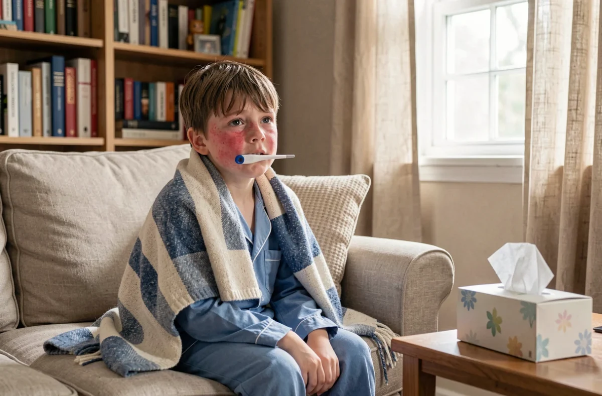Enfant malade à la maison avec de la fièvre justifiant une absence scolaire