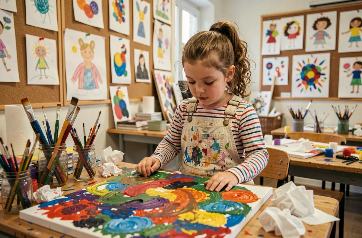 Petite fille concentrée peignant sur une toile dans un atelier artistique, activité créative pour enfants agités