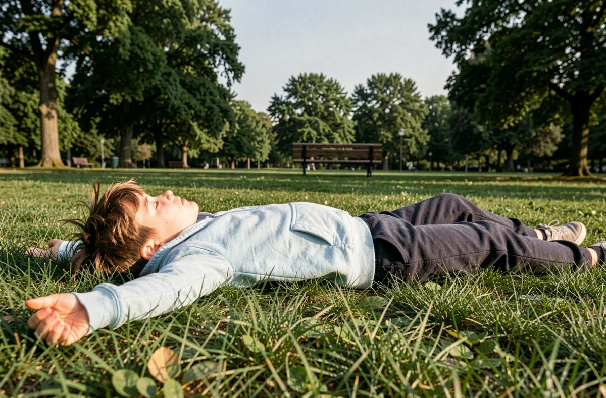 Jeune garçon allongé dans l'herbe les yeux fermés pratiquant un exercice de pleine conscience en plein air dans un parc