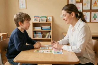 Jeune garçon en séance d'orthophonie avec une thérapeute, travaillant sur des cartes illustrées pour traiter un trouble du langage