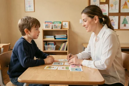 Jeune garçon en séance d'orthophonie avec une thérapeute, travaillant sur des cartes illustrées pour traiter un trouble du langage