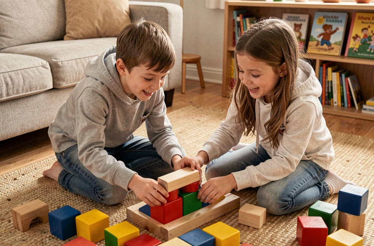 Deux enfants construisant ensemble avec des blocs en bois dans un salon, activité manuelle pour canaliser l'énergie des enfants