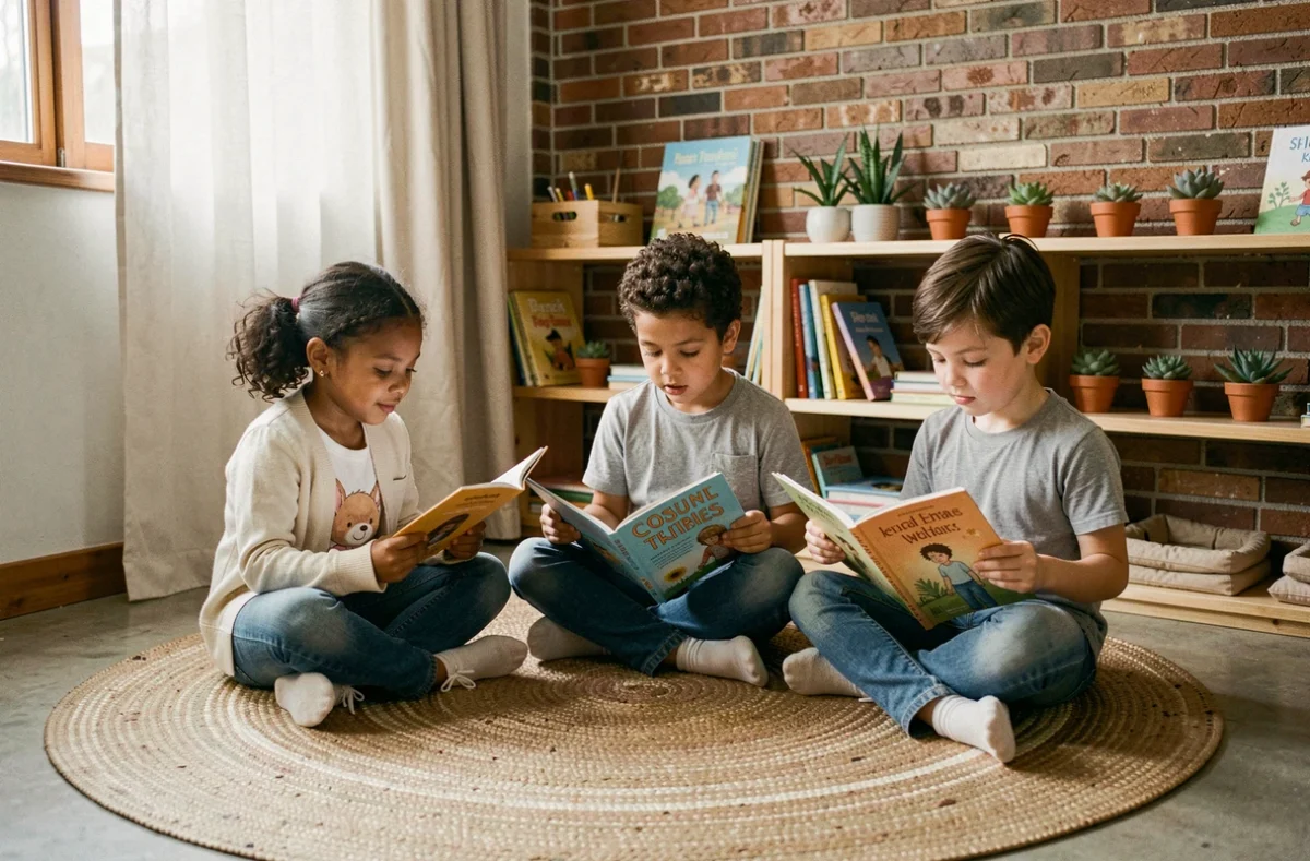 Trois enfants d'âges différents lisant de manière autonome dans un coin bibliothèque d'une classe Montessori inspirée d'un cadre domestique chaleureux