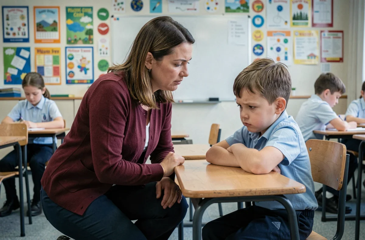 Enseignante bienveillante tentant de communiquer avec un élève difficile isolé en classe