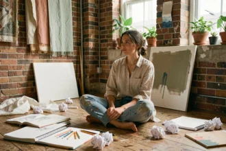 Femme artiste assise dans un atelier créatif entourée de carnets de croquis et de crayons colorés, illustrant l'éveil de la créativité