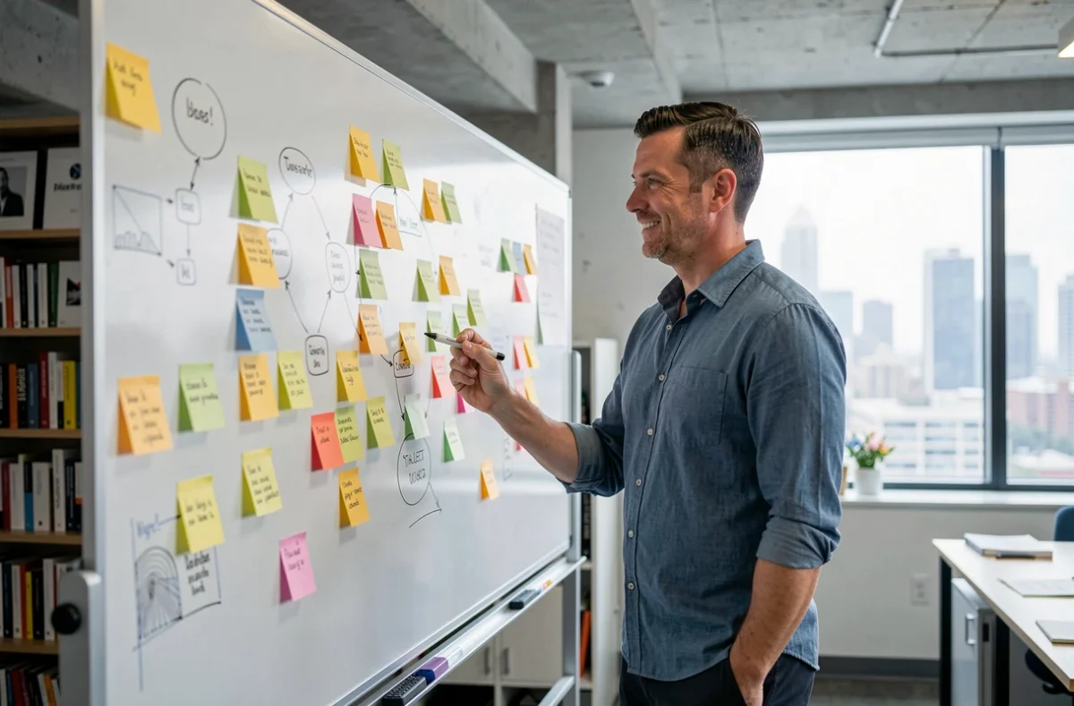 Homme d'affaires créatif devant un tableau blanc couvert de notes colorées et de schémas, symbolisant la réflexion créative en milieu professionnel